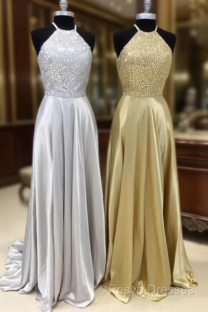 Sparkly Crystal Beaded Halter Long Satin Open Back Formal Prom Dress Main image