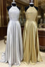 Sparkly Crystal Beaded Halter Long Satin Open Back Formal Prom Dress