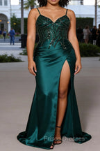 Sparkly Dark Green Mermaid Sequin Pleated Corset Prom Dress With Slit