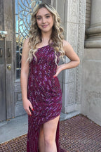 Sparkly Dark Purple Sequins Long Prom Dress with Slit