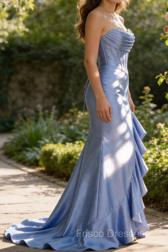 Sparkly Grey Blue Mermaid Strapless Ruffle Corset Satin Long Prom Dress with Slit