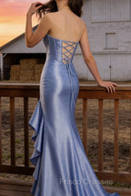 Sparkly Grey Blue Mermaid Strapless Ruffle Corset Satin Long Prom Dress with Slit