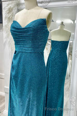 Sparkly Ink Blue Strapless Pleated Long Prom Dress with Slit