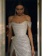 Sparkly Ivory Mermaid Off Shoulder High Slit Cheap Long Prom Dresses