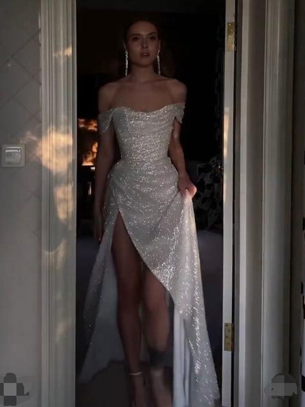 Sparkly Ivory Mermaid Off Shoulder High Slit Cheap Long Prom Dresses Online Main image
