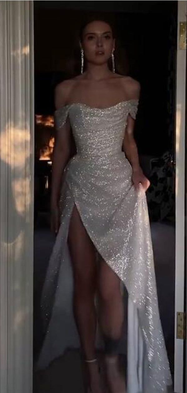Sparkly Ivory Mermaid Off Shoulder High Slit Cheap Long Prom Dresses Main image