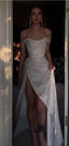 Sparkly Ivory Mermaid Off Shoulder High Slit Cheap Long Prom Dresses