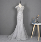 Sparkly Light Grey Mermaid V-Neck Beaded Tulle Train Prom Dress Evening Dress