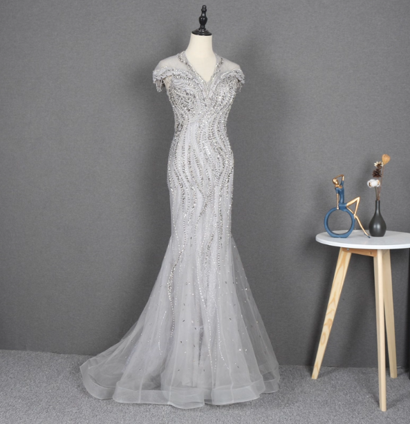 Sparkly Light Grey Mermaid V-Neck Beaded Tulle Train Prom Dress Evening Dress