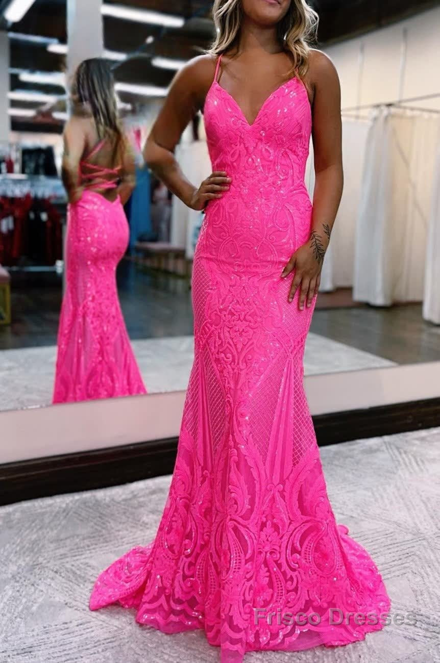 Sparkly Mermaid Backless Hot Pink Sequins Long Prom Dress Main image