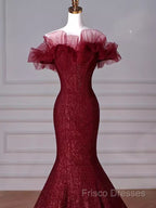 Sparkly Mermaid Burgundy Sequin Long Formal Prom Dress Party Dress