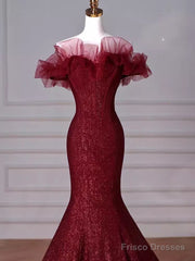 Sparkly Mermaid Burgundy Sequin Long Prom Dress Party Dresses