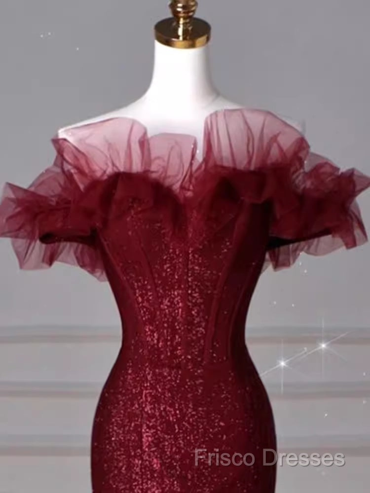 Sparkly Mermaid Burgundy Sequin Long Formal Prom Dress Party Dress