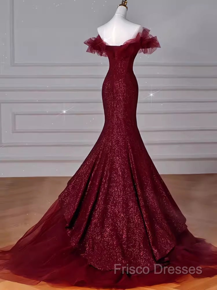 Sparkly Mermaid Burgundy Sequin Long Formal Prom Dress Party Dress