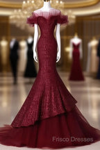 Sparkly Mermaid Burgundy Sequin Long Formal Prom Dress Party Dress