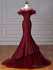Sparkly Mermaid Burgundy Sequin Long Prom Dress Party Dresses