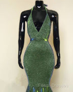 Sparkly Mermaid Halter Ruffles Formal Prom Dress