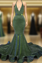 Sparkly Mermaid Halter Ruffles Formal Prom Dress