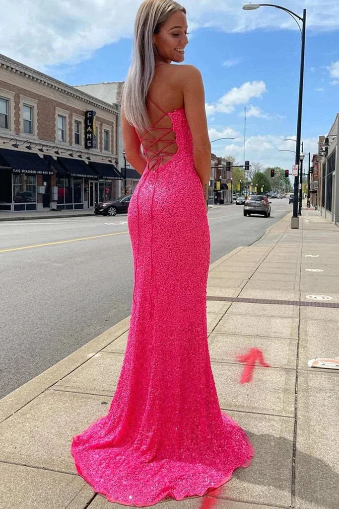 Sparkly Mermaid Sequined Sleeveless Long Prom Dress With Slit, Long Formal Gown