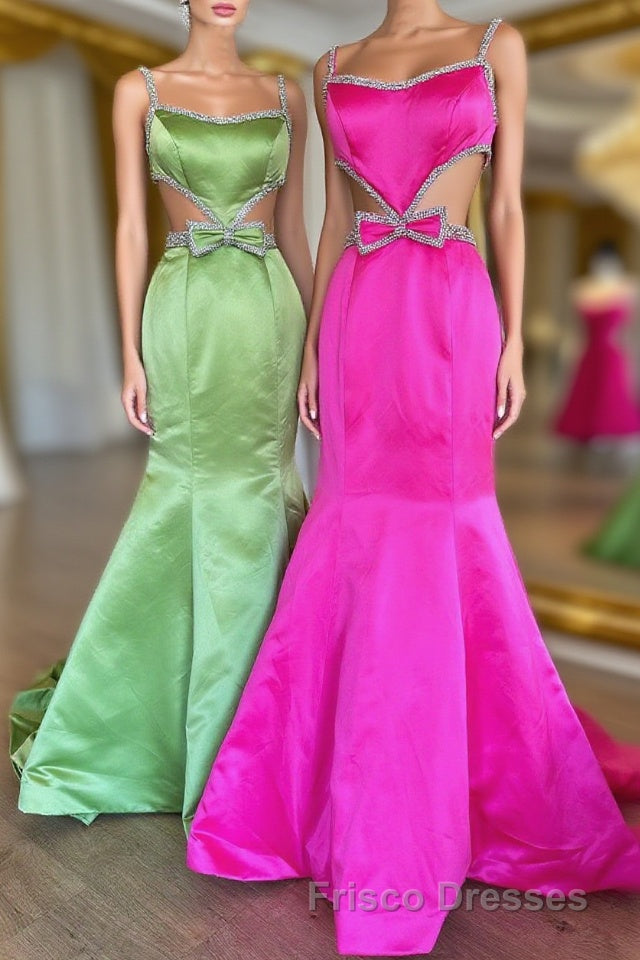 Mermaid Formal Prom Dress Spaghetti Straps Long Evening Dress with Bow Main image