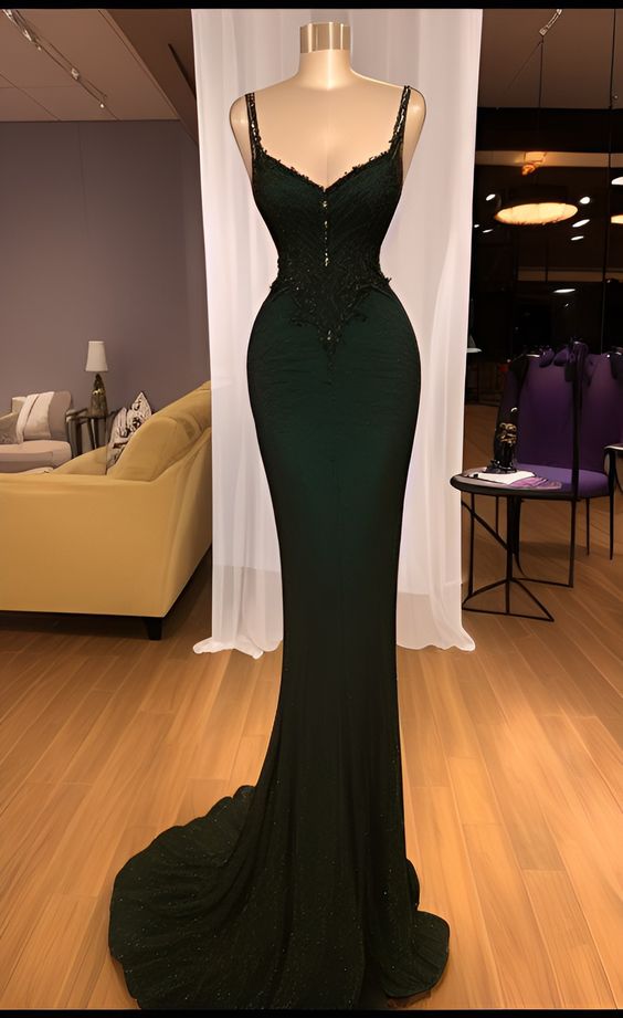 Sparkly Mermaid Spaghetti Straps Sleeveless Sequin Dark Green Prom Dresses Long Prom Dress