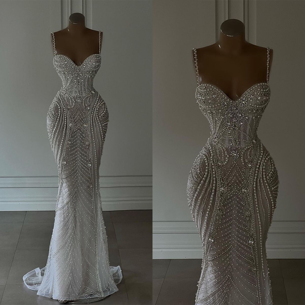 Sparkly Mermaid Spaghetti Straps White Sequin Beaded Wedding Dress Long Bridal Gown Wedding Dresses Secondary image