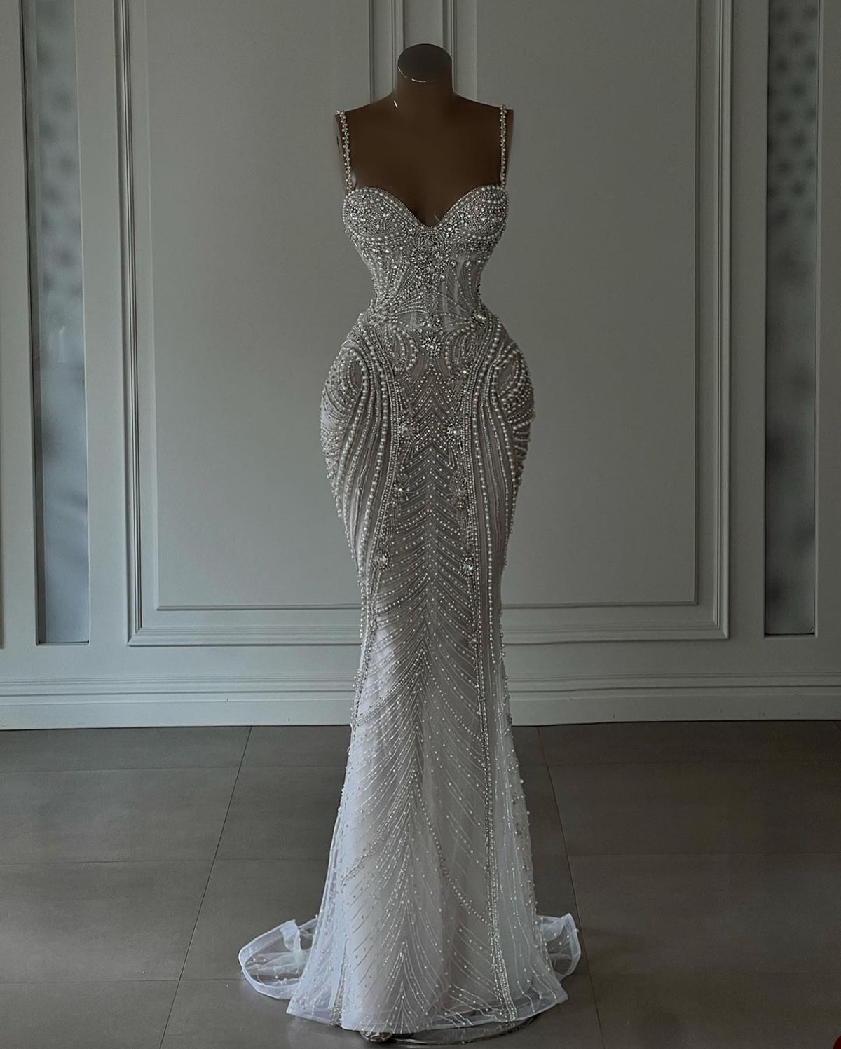 Sparkly Mermaid Spaghetti Straps White Sequin Beaded Wedding Dress Lon – Frisco Dresses Sparkly Mermaid Spaghetti Straps White Sequin Beaded Wedding Dress Lon – Frisco Dresses