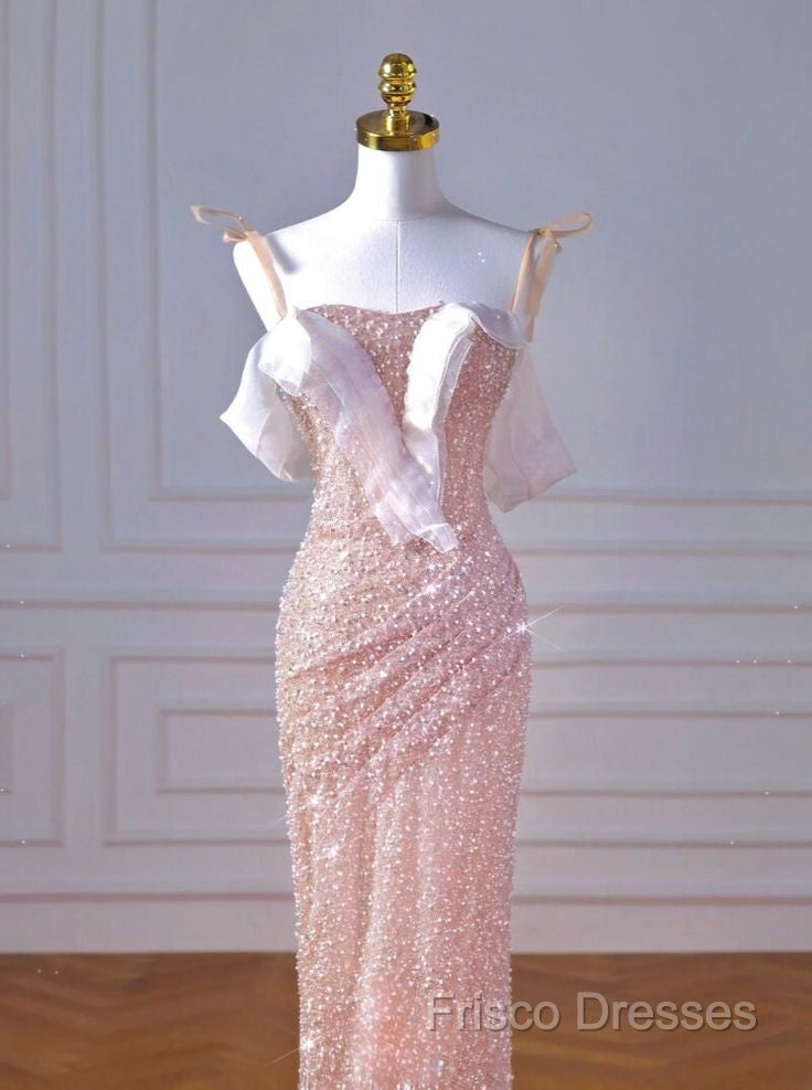 Sparkly Mermaid Straps Pink Tulle Pearls Long Formal Prom Dress Secondary image