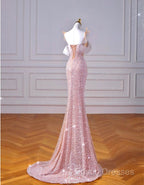 Sparkly Mermaid Straps Pink Tulle Pearls Long Formal Prom Dress