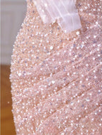 Sparkly Mermaid Straps Pink Tulle Pearls Long Formal Prom Dress
