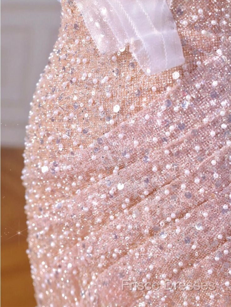 Sparkly Mermaid Straps Pink Tulle Pearls Long Formal Prom Dress