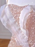 Sparkly Mermaid Straps Pink Tulle Pearls Long Formal Prom Dress