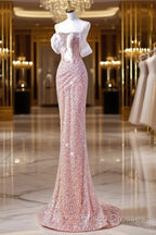Sparkly Mermaid Straps Pink Tulle Pearls Long Formal Prom Dress