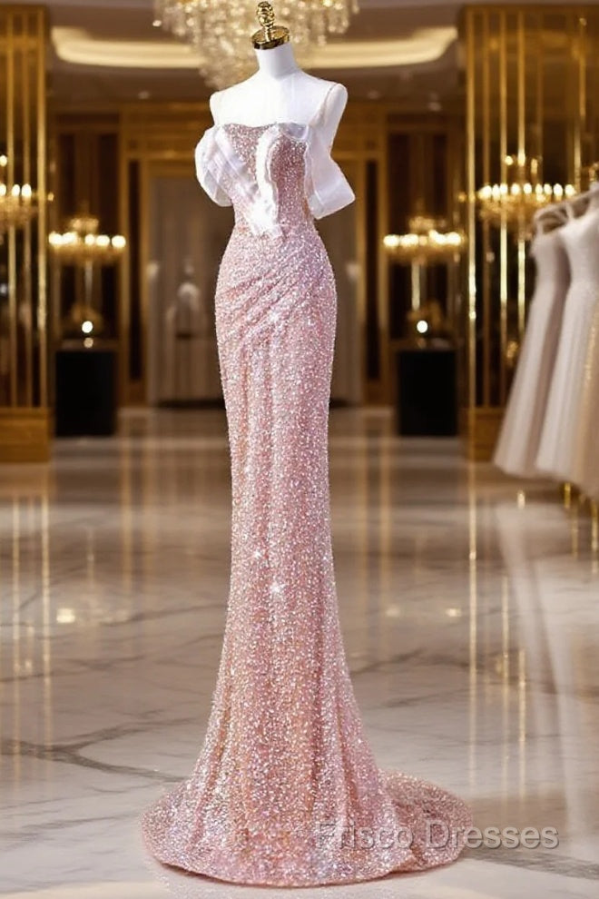Sparkly Mermaid Straps Pink Tulle Pearls Long Formal Prom Dress