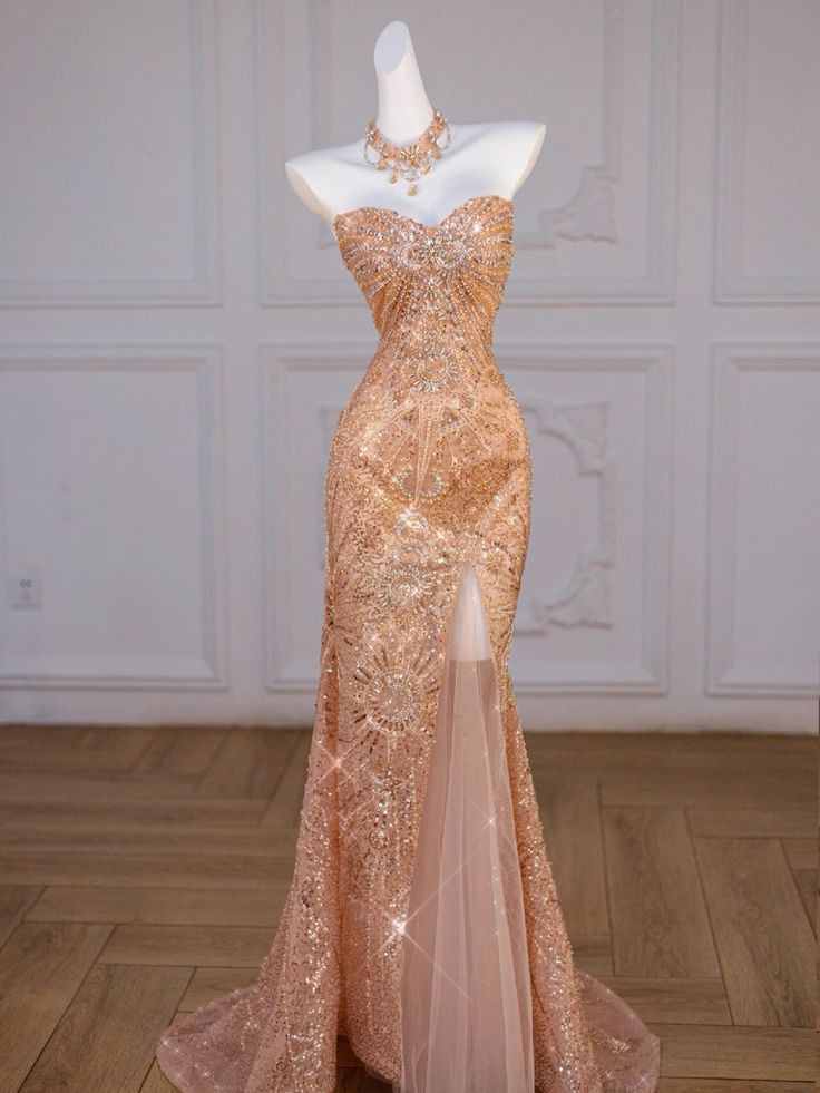 Sparkly Mermaid Sweetheart Sequin Long Slit Gold Evening Dress Prom Dresses With Beads Main image
