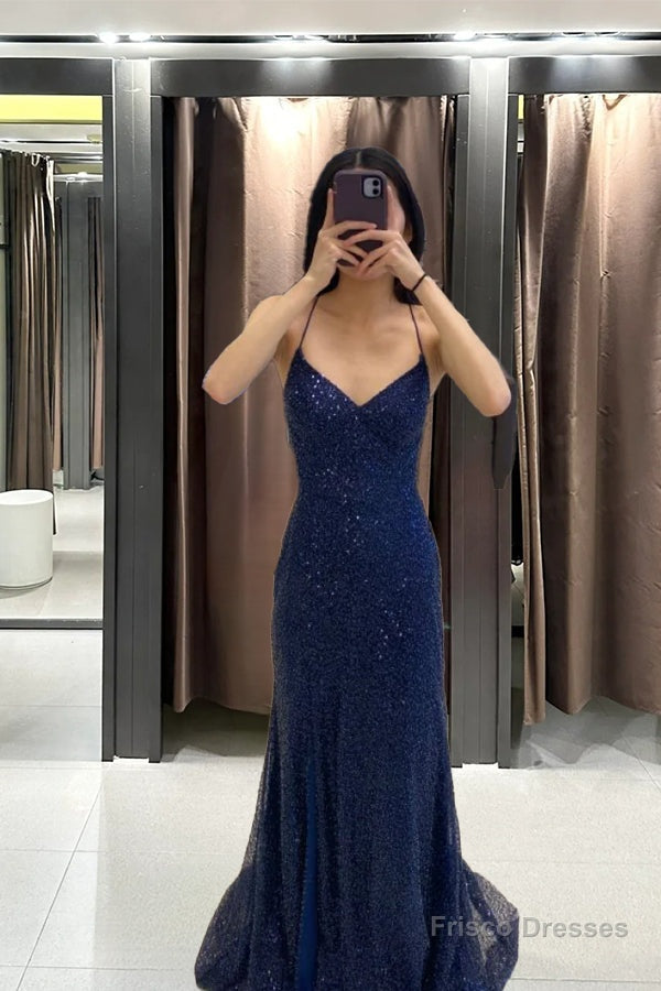 Sparkly Navy Blue Mermaid Long Prom Dress,Navy Blue Evening Gown Main image