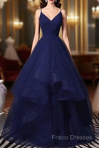Sparkly Navy Blue Tulle Long Formal Prom Dress Formal Dress