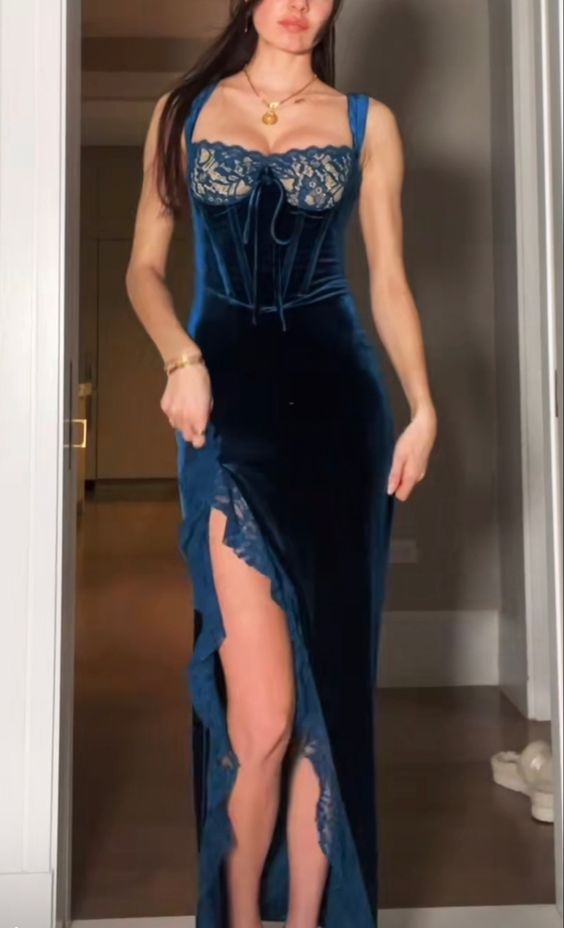 Sexy Slit Velvet Lace Long Prom Dress Evening Dress Main image