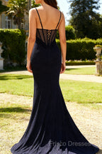 Sparkly Navy Spaghetti Straps Mermaid Long Prom Dress with Slit
