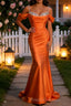Sparkly Orange Mermaid Cold Shoulder Sequined Ruched Satin Long Prom Dress