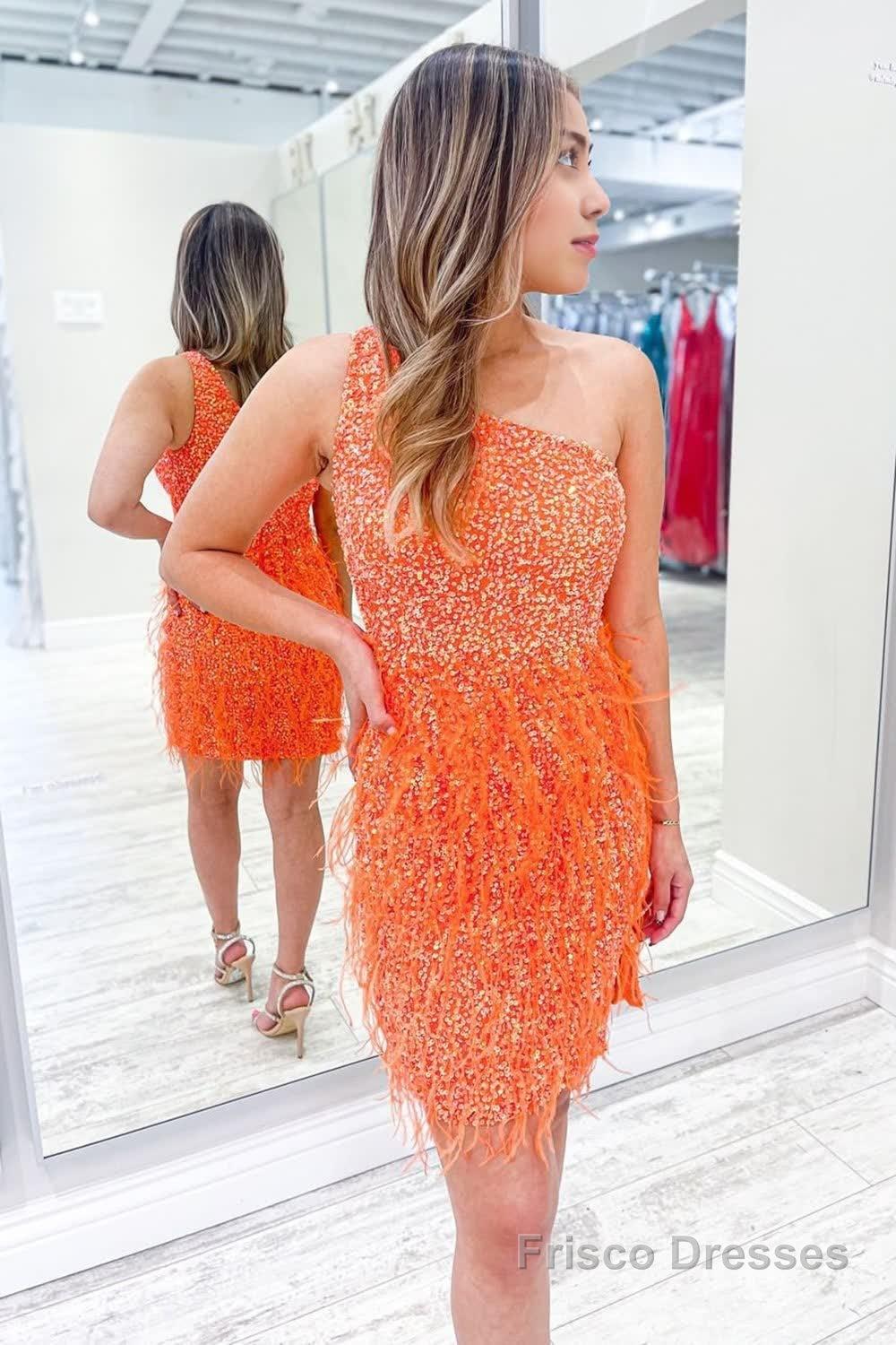 Sparkly Orange One Shoulder Sequins Tight Homecoming Dress with Feathers Main image