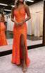 Sparkly Orange Open Back Sequins Long Prom Dress with Slit Formal Evening Dresses