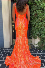 Sparkly Orange Sequin V-Neck Mermaid Long Prom Dress