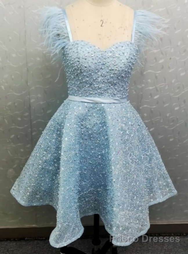 Sparkly Pink Beads Straps Homecoming Dress With Feather Main image