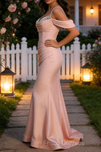 Sparkly Pink Mermaid Cold Shoulder Sequined Ruched Satin Long Prom Dress