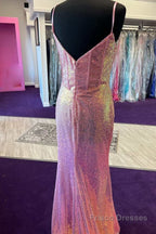 Sparkly Pink Sequin Long Mermaid Corset Prom Dress