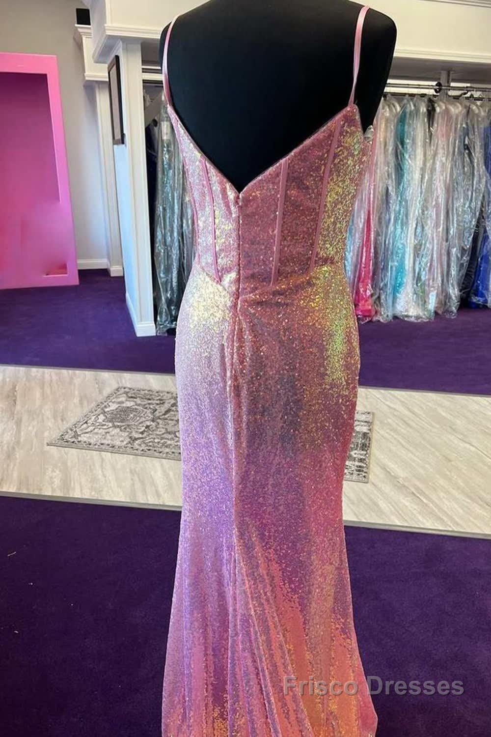 Sparkly Pink Sequin Long Mermaid Corset Prom Dress