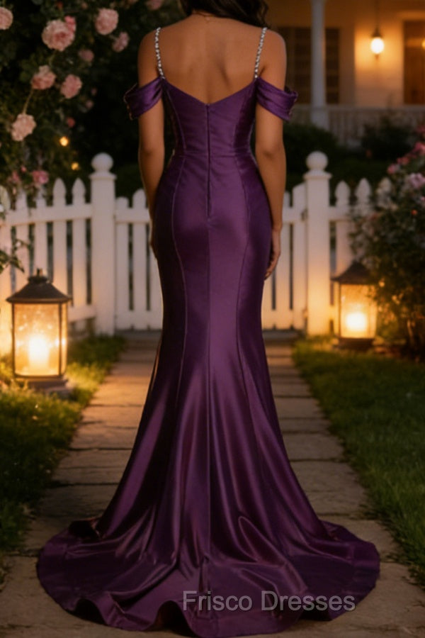 Sparkly Purple Mermaid Cold Shoulder Sequined Ruched Satin Long Prom Dress Secondary image
