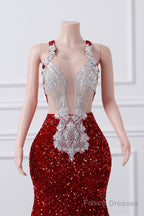 Sparkly Red Sequin Mermaid Prom Dresses Luxury Silver Crystal Beaded Sheer Neck Long Formal Party Evening Gowns for Black Girls