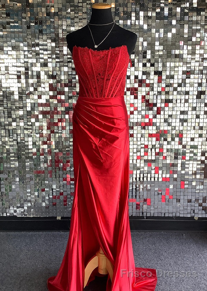 Red Sheath Strapless Corset Satin Prom Dress with Slit Main image